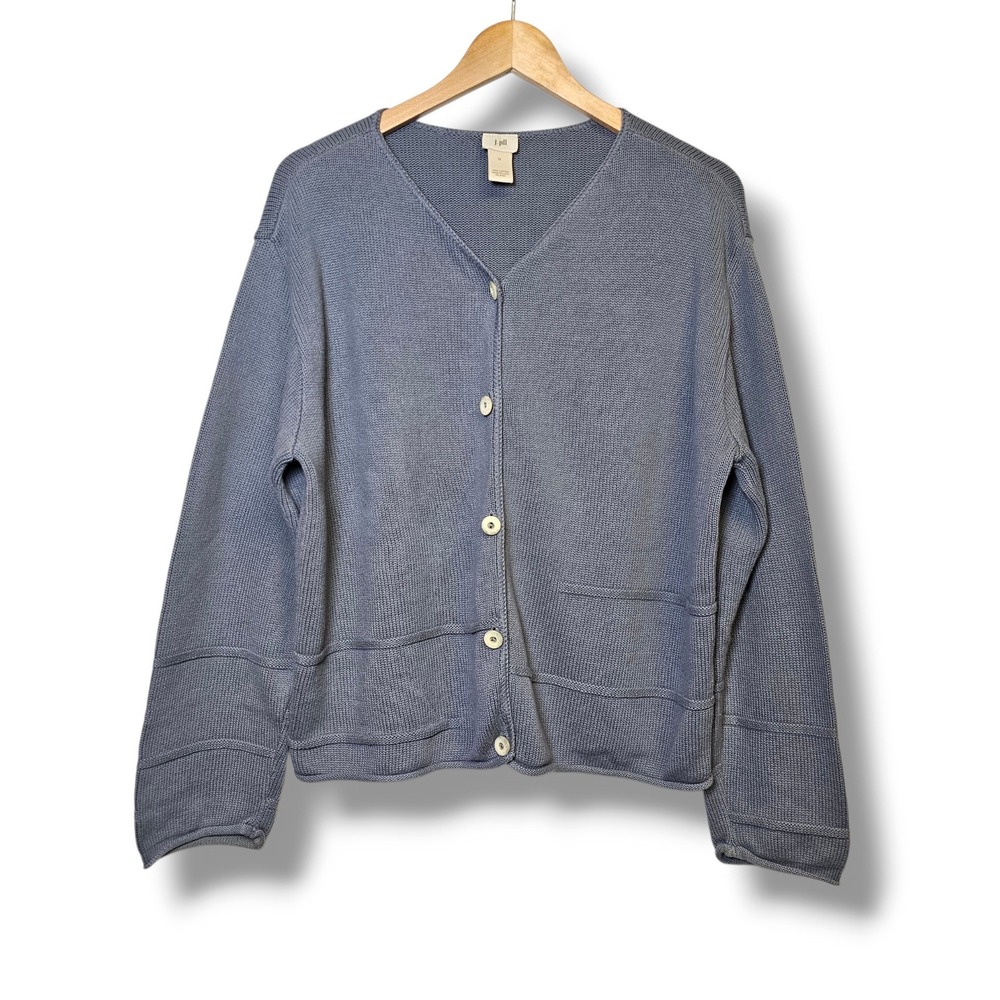 J. Jill Cardigan Sweater Size M Womens Blue Button Front Cotton Minimalist Fall